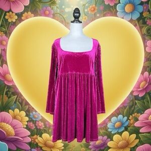 ModCloth Magenta Velvet Empire Waist Wide Sleeve Babydoll Mini Dress XL